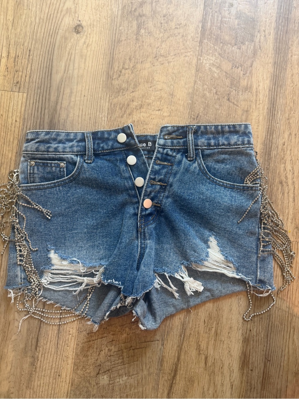Blue Distressed Denim Shorts with Fringe Bead Trim